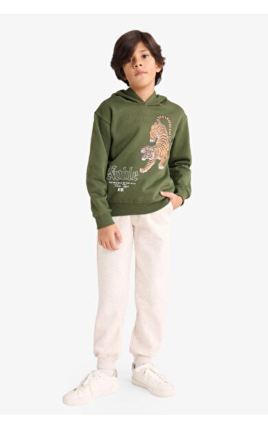 Erkek Çocuk 2'li Takım Kaplan Baskılı Kapüşonlu Sweatshirt Eşofman Altı