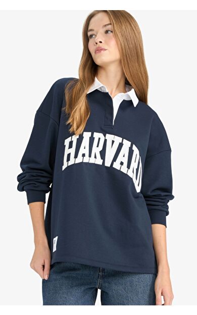 DeFacto Okula Dönüş Harvard University Oversize Geniş Kalıp Polo Yaka Baskılı Kalın Kumaş Sweatshirt