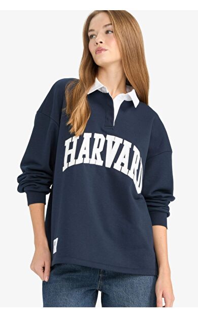 Okula Dönüş Harvard University Oversize Geniş Kalıp Polo Yaka Baskılı Kalın Kumaş Sweatshirt