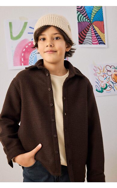 Erkek Çocuk Oversize Geniş Kalıp Polo Yaka Waffle Uzun Kollu Gömlek