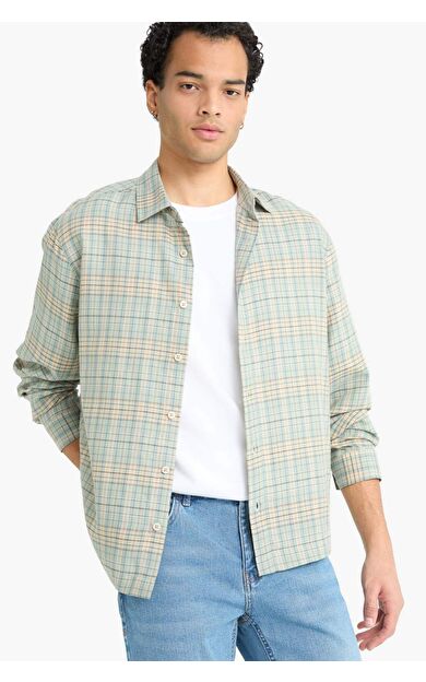 Boxy Fit Gömlek Yaka Flanel Uzun Kollu Gömlek