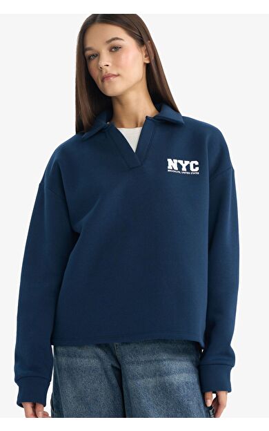 DeFacto Coool Oversize Geniş Kalıp Polo Yaka Baskılı Kalın Sweatshirt Kumaşı Sweatshirt