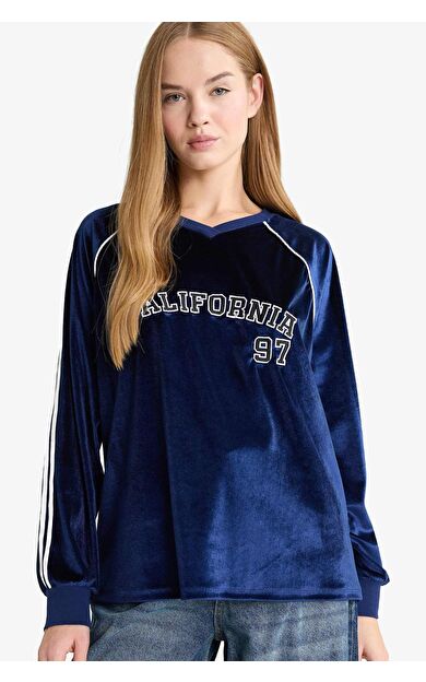 Oversize Geniş Kalıp V Yaka Baskılı Kadife Sweatshirt