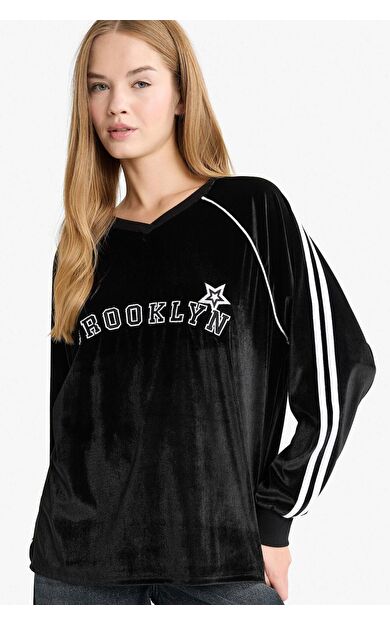 DeFacto Oversize Geniş Kalıp V Yaka Baskılı Kadife Sweatshirt