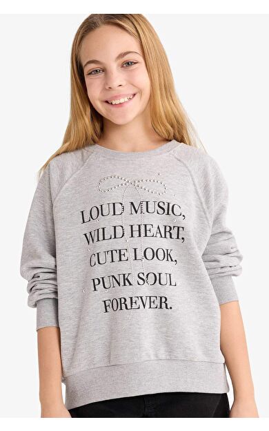 Kız Çocuk Relax Fit Bisiklet Yaka Taşlı Sweatshirt