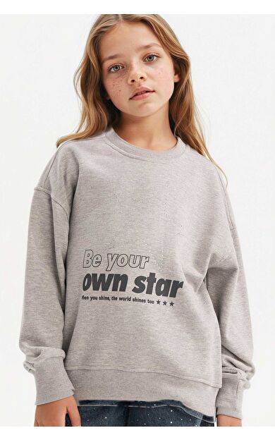 DeFacto Kız Çocuk Relax Fit Bisiklet Yaka Taşlı Sweatshirt