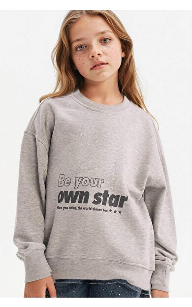Kız Çocuk Relax Fit Bisiklet Yaka Taşlı Sweatshirt