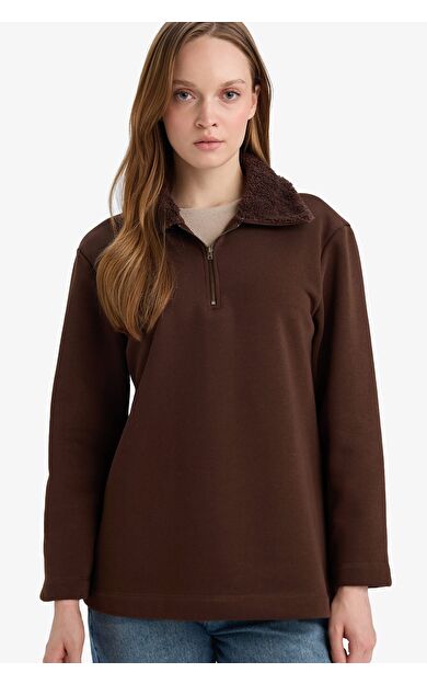 DeFacto Regular Fit Fermuarlı Yaka İçi Yumuşak Tüylü Kalın Kumaş Sweatshirt Tunik