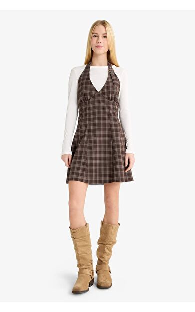 Coool Halter Yaka Kareli Mini Elbise