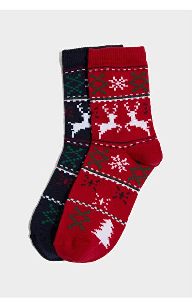 Kız Çocuk Yılbaşı Temalı 2'li Pamuklu Uzun Çorap