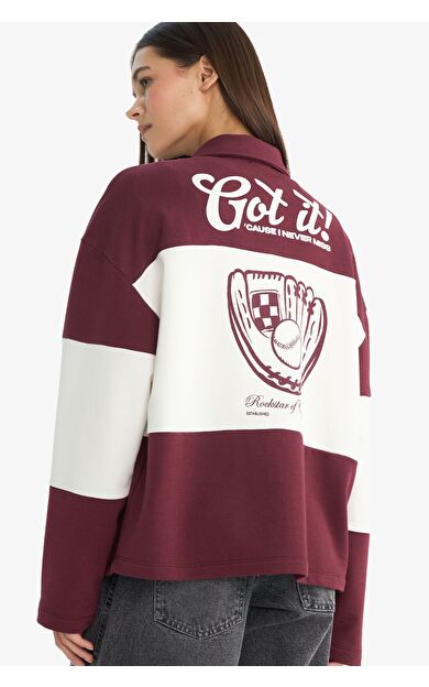 DeFacto Coool Regular Fit Polo Yaka Baskılı Kalın Kumaş Sweatshirt