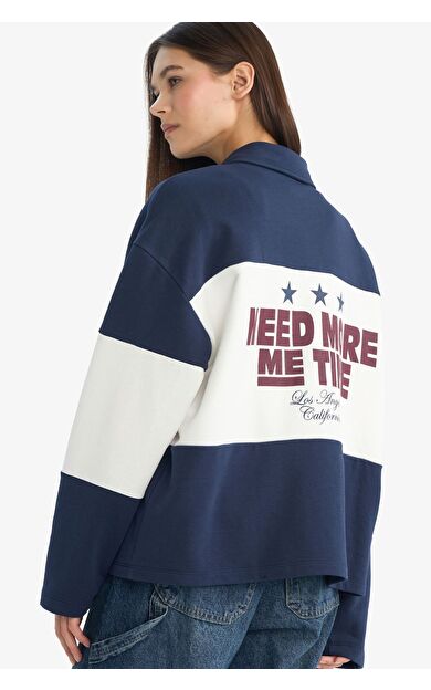 DeFacto Coool Regular Fit Polo Yaka Baskılı Kalın Kumaş Sweatshirt