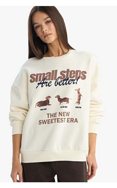 DeFacto Coool Oversize Geniş Kalıp Bisiklet Yaka Baskılı Kalın Kumaş Sweatshirt