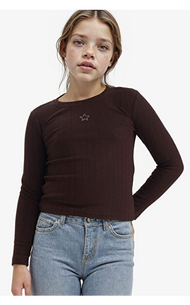 Kız Çocuk Slim Fit Dar Kesim Yıldız Desenli Fitilli Kaşkorse Uzun Kollu Tişört