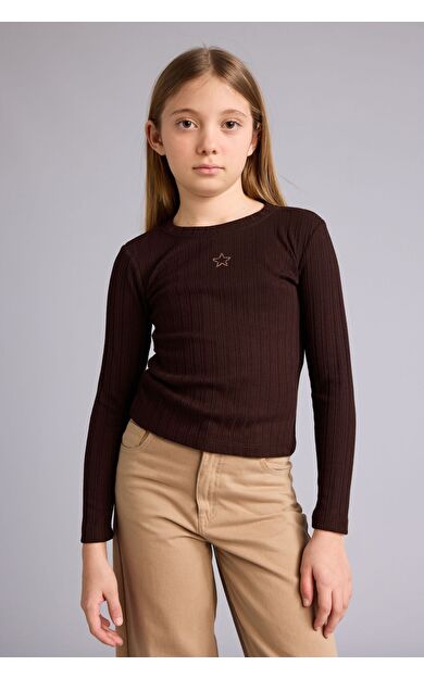 DeFacto Kız Çocuk Slim Fit Dar Kesim Yıldız Desenli Fitilli Kaşkorse Uzun Kollu Tişört