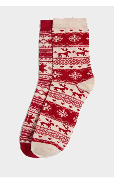 Kadın Yılbaşı Temalı 2'li Pamuklu Uzun Çorap