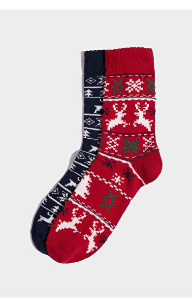 Erkek Yılbaşı Temalı 2'li Pamuklu Uzun Çorap