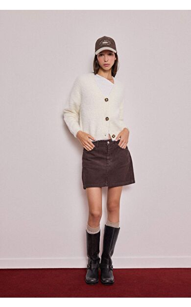 A Kesim Normal Bel Fitilli Kadife Mini Etek