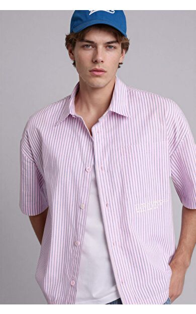 DeFacto Boxy Fıt Polo Yaka Baskılı Çizgili Kısa Kollu Gömlek