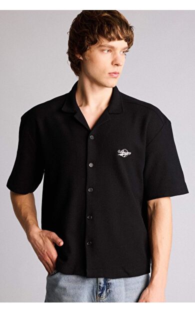 Boxy Fıt Apaş Yaka Penye Kısa Kollu Gömlek