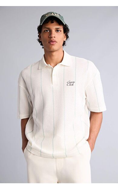 DeFacto Loose Fıt Polo Yaka Slogan Baskılı Kısa Kollu Polo Tişört