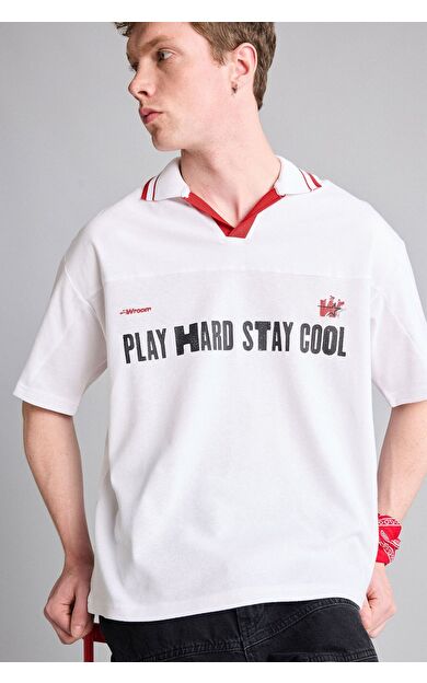 DeFacto Loose Fıt Polo Yaka Slogan Baskılı Kısa Kollu Polo Tişört