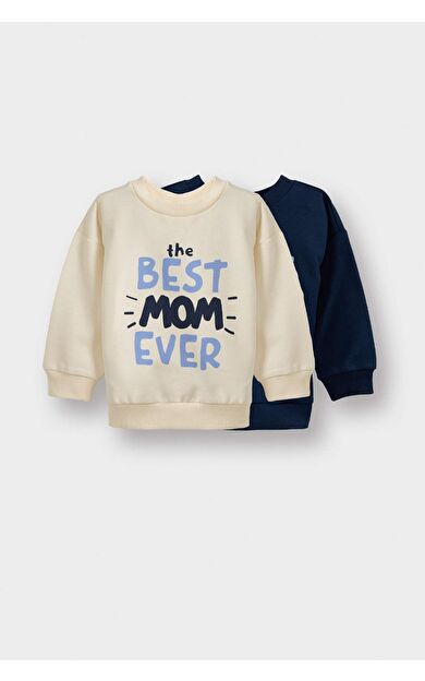 DeFacto Erkek Bebek Regular Fit Bisiklet Yaka Slogan Baskılı İçi Yumuşak Tüylü İnce Sweatshirt Kumaşı 2'li Sweatshirt