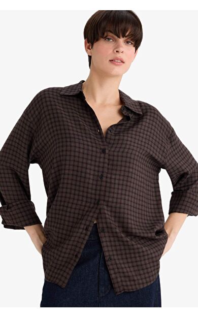 Regular Fit Gömlek Yaka Kareli Flanel Uzun Kollu Gömlek