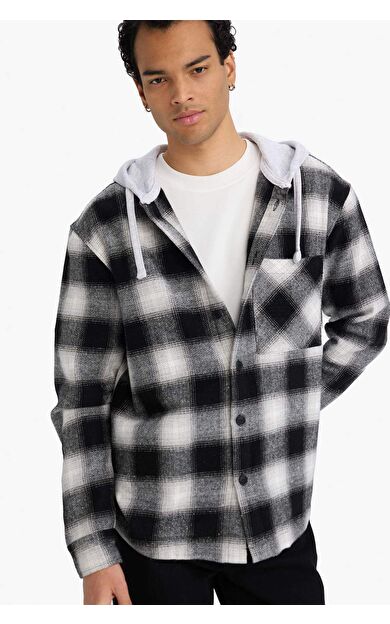 Relax Fit Kapüşonlu Flanel Uzun Kollu Gömlek