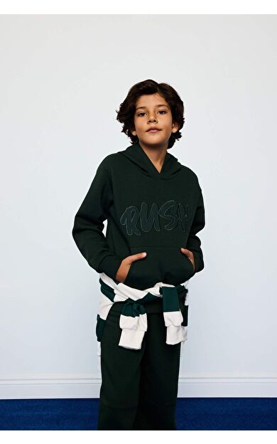 Erkek Çocuk Oversize Geniş Kalıp Kapüşonlu Slogan Baskılı İçi Yumuşak Tüylü Kalın Sweatshirt Kumaşı Sweatshirt