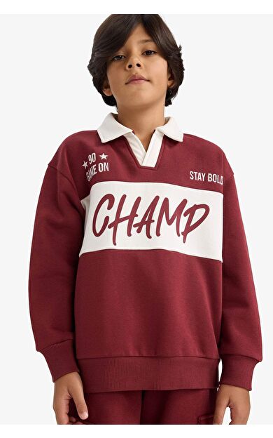 Erkek Çocuk Oversize Geniş Kalıp Polo Yaka Baskılı İçi Yumuşak Tüylü Sweatshirt