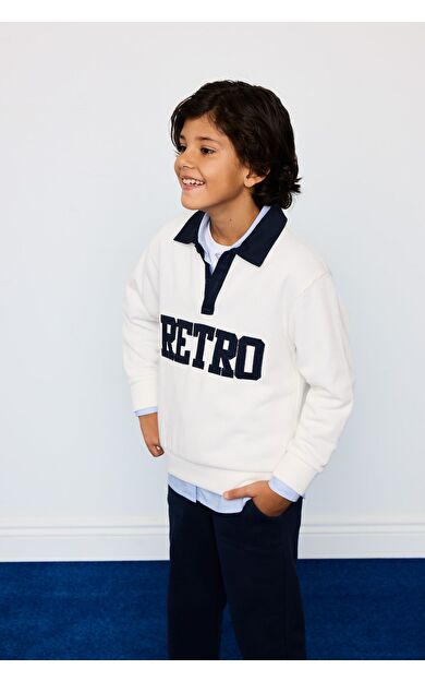 DeFacto Erkek Çocuk Oversize Geniş Kalıp Polo Yaka Slogan Baskılı Selanik Kumaş Sweatshirt