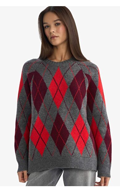 Oversize Geniş Kalıp Bisiklet Yaka Baklava Desenli Triko Kazak