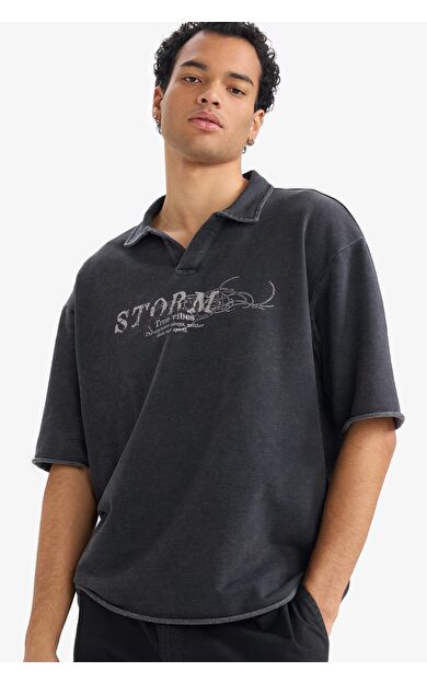 Loose Fit Polo Yaka Baskılı Sweatshirt Kumaşı Kısa Kollu Polo Tişört