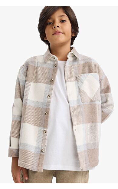 DeFacto Erkek Çocuk Overshirt Fit Polo Yaka Ekose Desenli Flanel Uzun Kollu Gömlek
