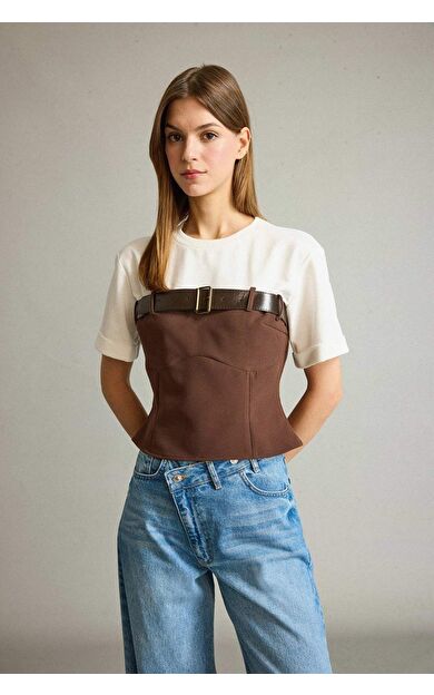 DeFacto Bisiklet Yaka Kemer Detaylı Kısa Kollu Bluz