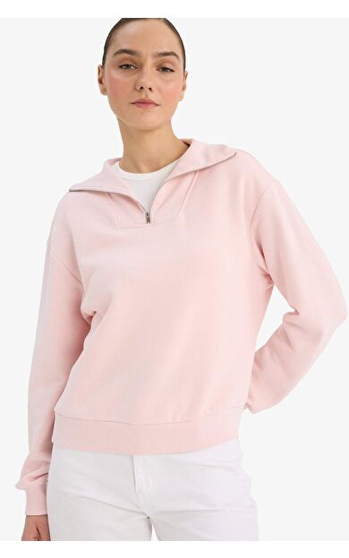 Regular Fit Yarım Fermuarlı Balıkçı Yaka Basic Düz Sweatshirt