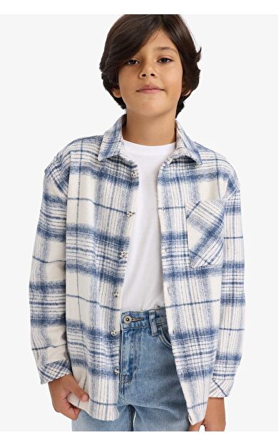 DeFacto Erkek Çocuk Oversize Geniş Kalıp Polo Yaka Ekose Desenli Flanel Uzun Kollu Gömlek