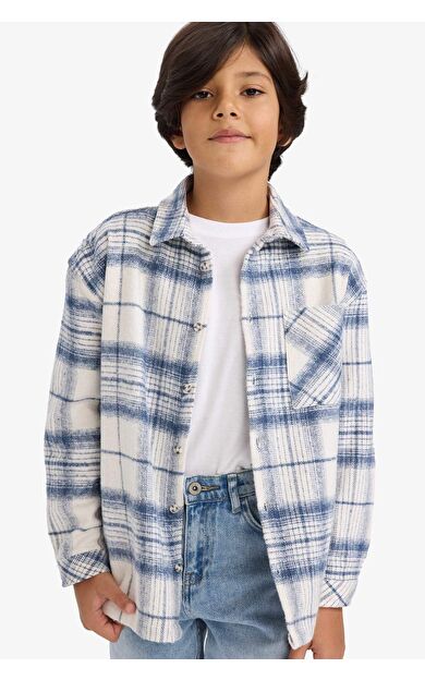 Erkek Çocuk Oversize Geniş Kalıp Polo Yaka Ekose Desenli Flanel Uzun Kollu Gömlek