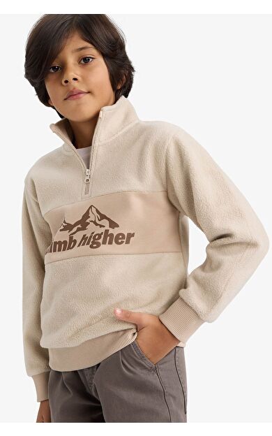 DeFacto Erkek Çocuk Regular Fit Yarım Fermuarlı Baskılı Polar Sweatshirt