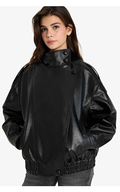 Dad Fit Dik Yaka Fermuarlı Suni Deri Ceket