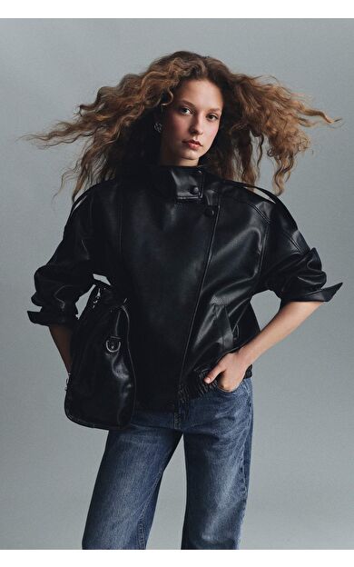 Dad Fit Dik Yaka Fermuarlı Suni Deri Ceket