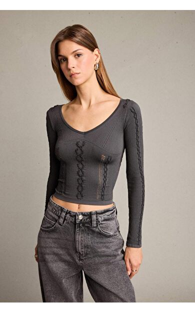 Fitted V Yaka Uzun Kollu Tişört G5058AX25WNAR129