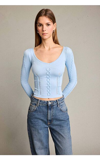 Fitted V Yaka Uzun Kollu Tişört G5058AX25WNBE472