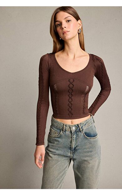 Fitted V Yaka Uzun Kollu Tişört G5058AX25WNBN305