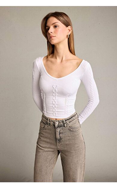 Fitted V Yaka Uzun Kollu Tişört G5058AX25WNWT34