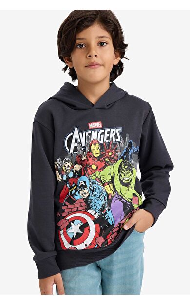 DeFacto Erkek Çocuk Marvel Avengers New Regular Fit Kapüşonlu İçi Yumuşak Tüylü Kalın Sweatshirt Kumaşı Sweatshirt