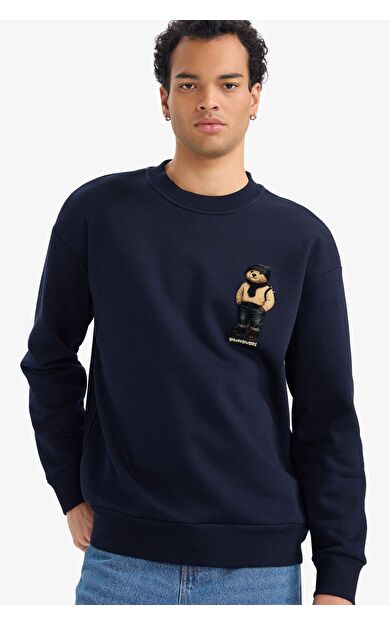 Boxy Fit Bisiklet Yaka Ayı Baskılı Sweatshirt
