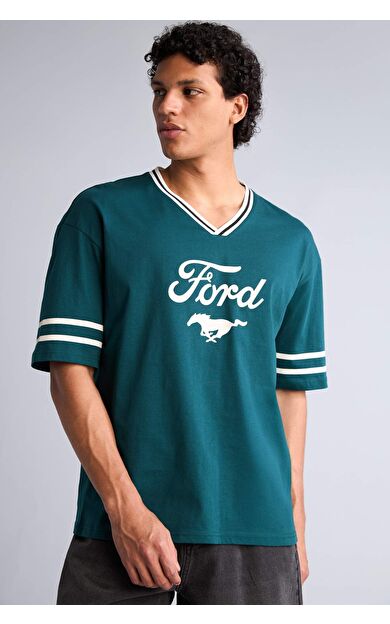 DeFacto Ford Motor Company Loose Fıt Bisiklet Yaka Baskılı Kısa Kollu Tişört