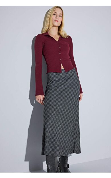 DeFacto A Form Kareli Yüksek Bel Viskon Midi Etek